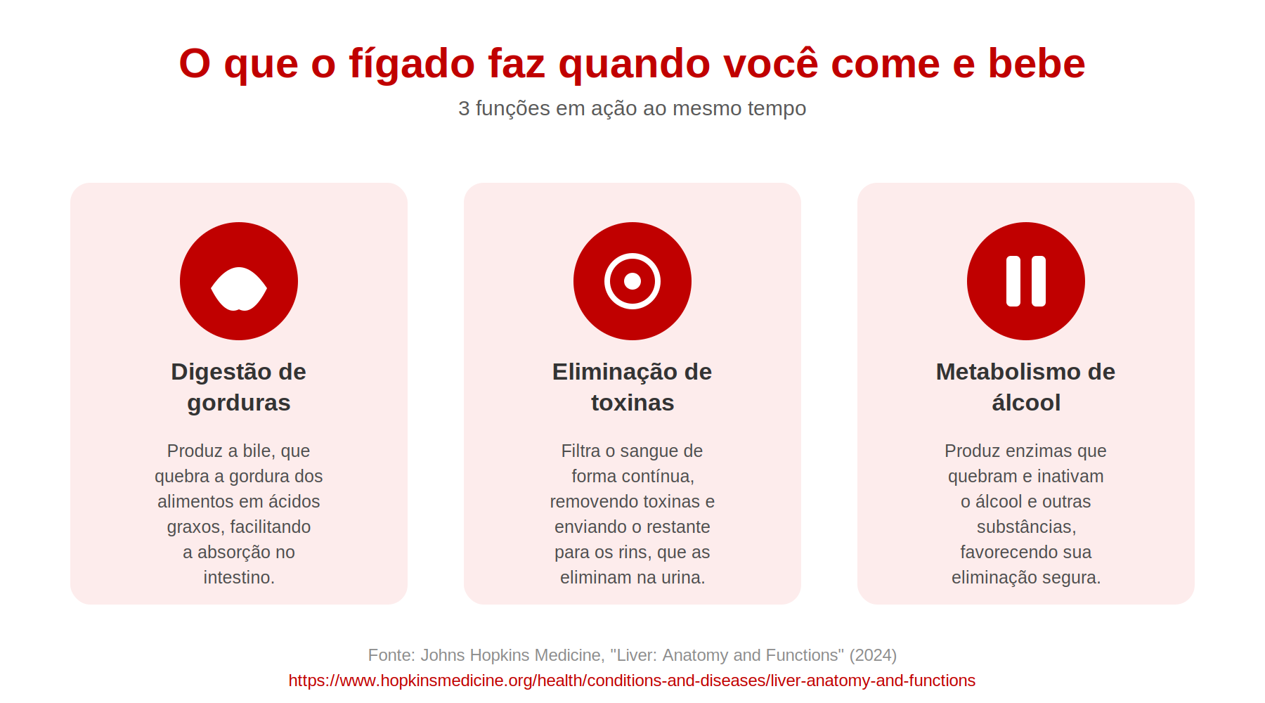 Infográfico: o que o fígado faz quando você come e bebe - digestão de gorduras, eliminação de toxinas e metabolismo de álcool, as três funções em ação ao mesmo tempo.